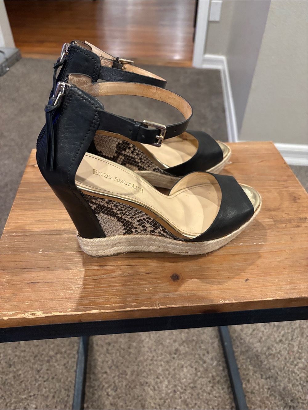 Enzo Angiolini Black Espadrille Wedge Sandals with Snakeskin Accent
